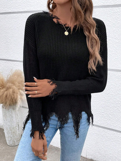 SHEIN Relaxiva Drop Shoulder Distressed Fringe Trim Sweater,Long Sleeve Tops