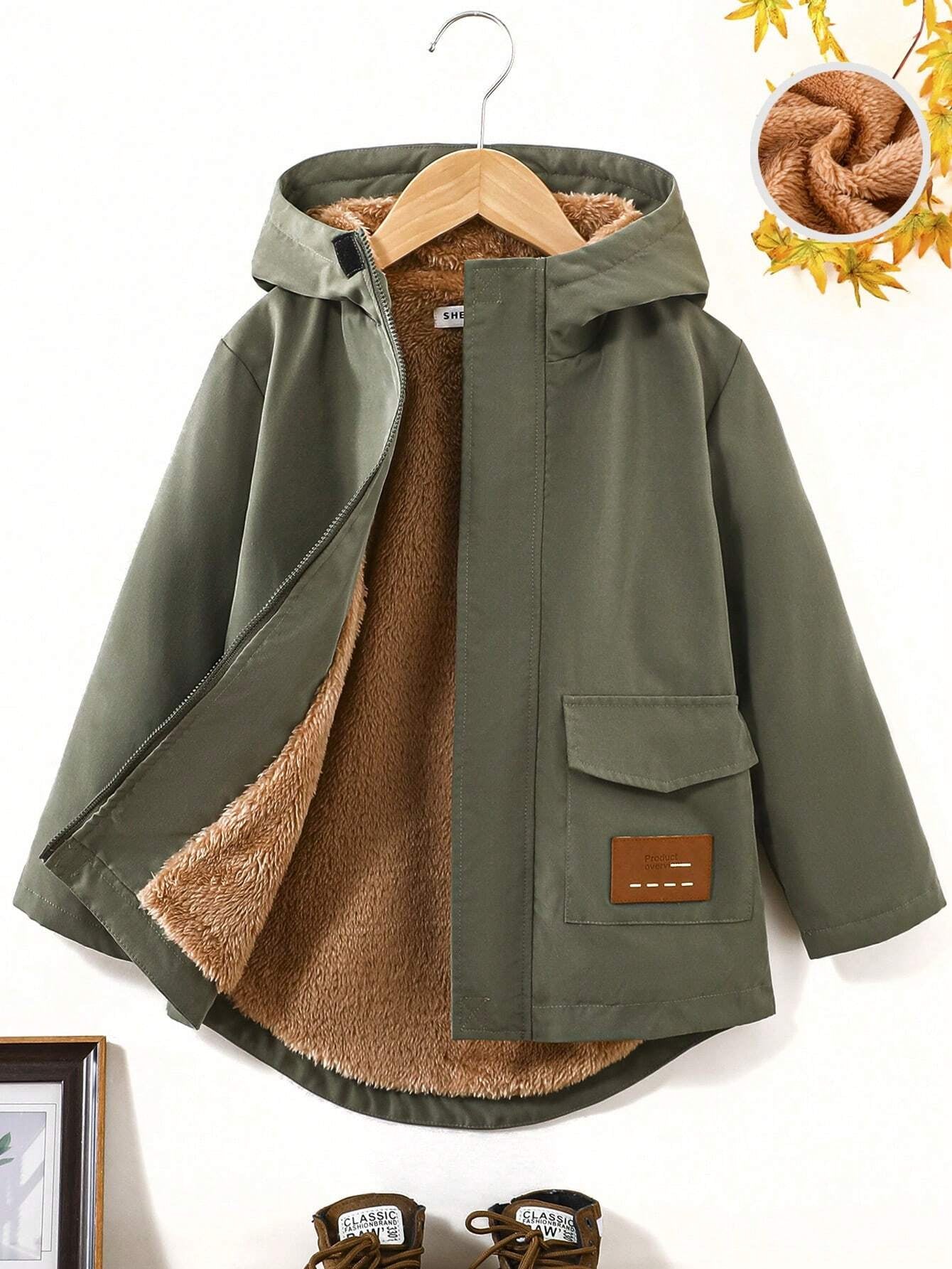 SHEIN Young Boy Casual Solid Color Teddy Bear Lined Hooded Jacket with Mix-Matched Letter Patchwork and Zipper Pocket Detail for Fall and Winter (Thick and Warm)