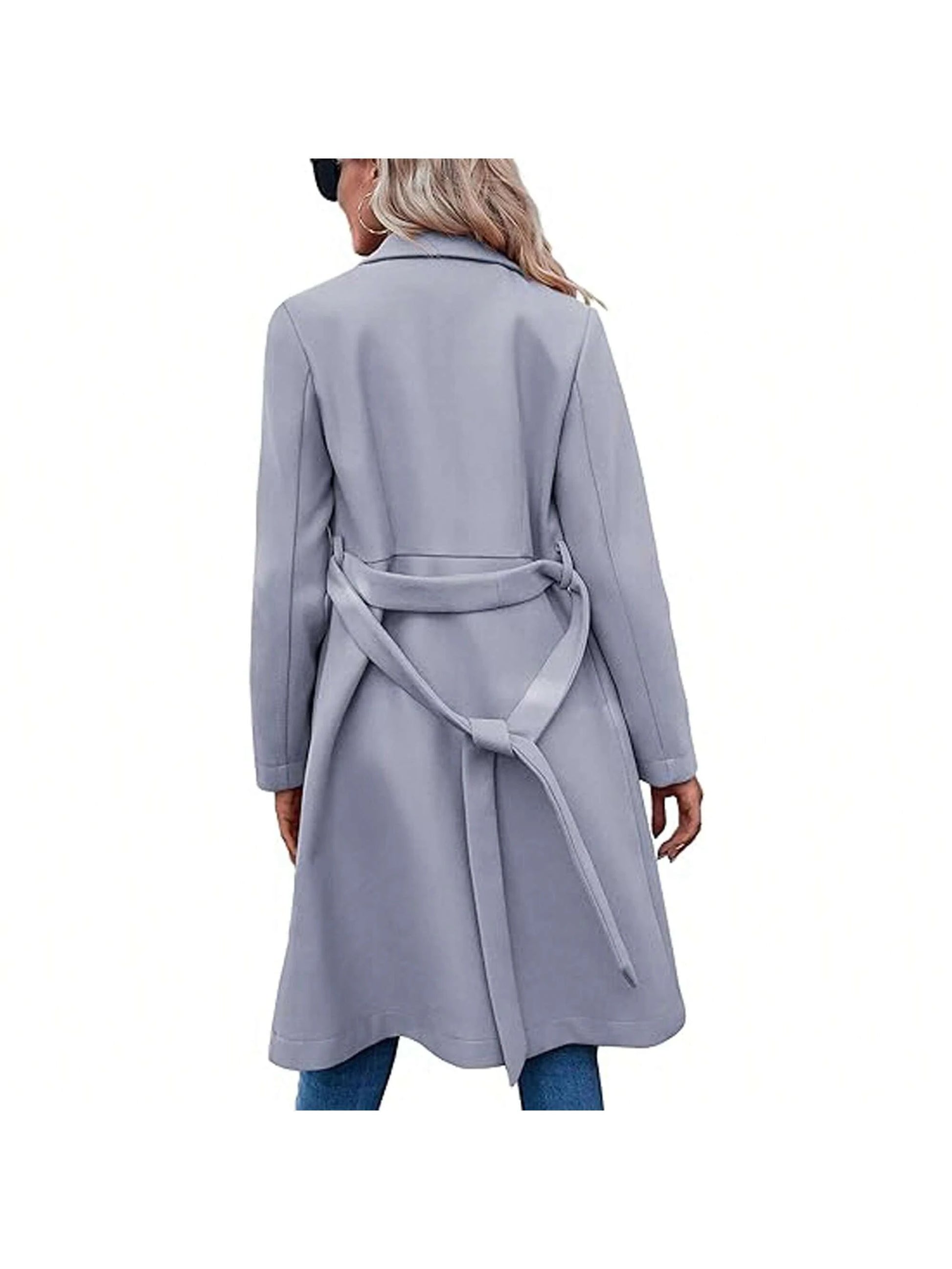 Piepiebuy Piepiebuy Women'S Double Button Belted Tweed Overcoat Basic Long Sleeve Notched Lapel Pea Trench Jacket Outwear Coats