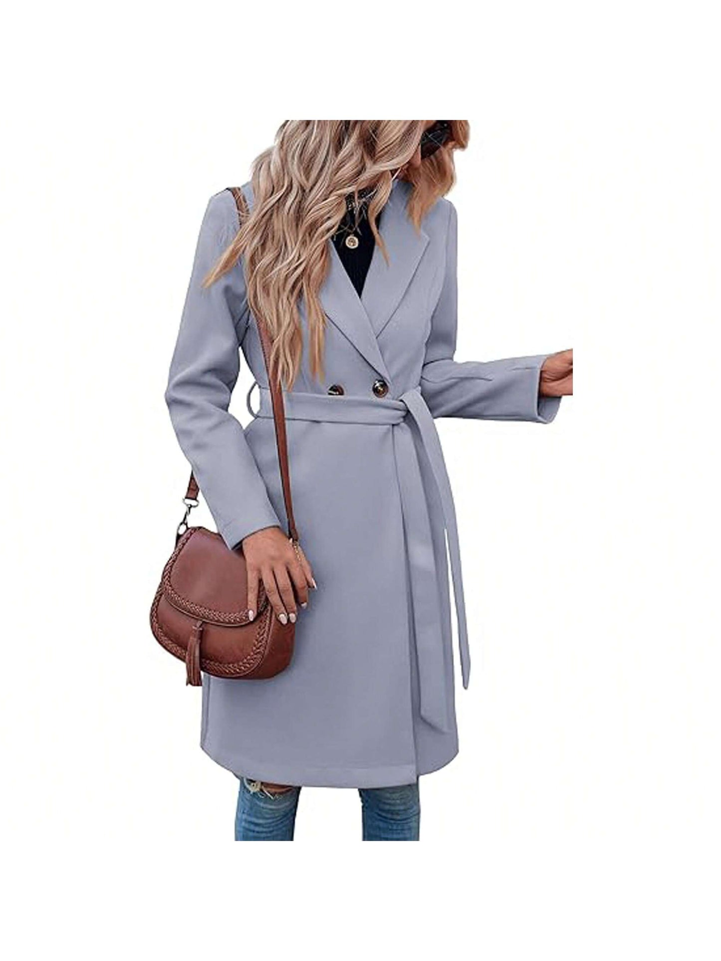 Piepiebuy Piepiebuy Women'S Double Button Belted Tweed Overcoat Basic Long Sleeve Notched Lapel Pea Trench Jacket Outwear Coats