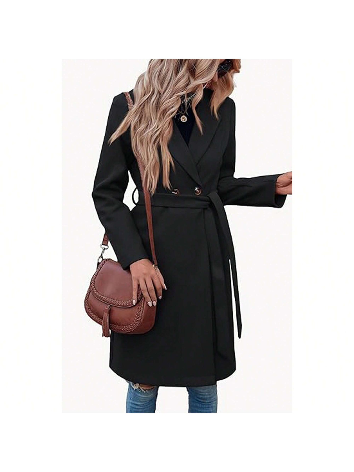 Piepiebuy Piepiebuy Women'S Double Button Belted Tweed Overcoat Basic Long Sleeve Notched Lapel Pea Trench Jacket Outwear Coats