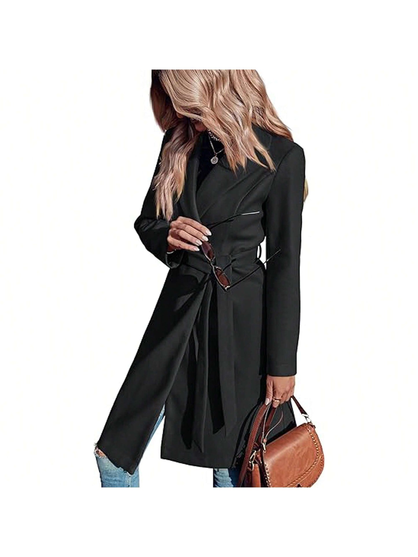 Piepiebuy Piepiebuy Women'S Double Button Belted Tweed Overcoat Basic Long Sleeve Notched Lapel Pea Trench Jacket Outwear Coats