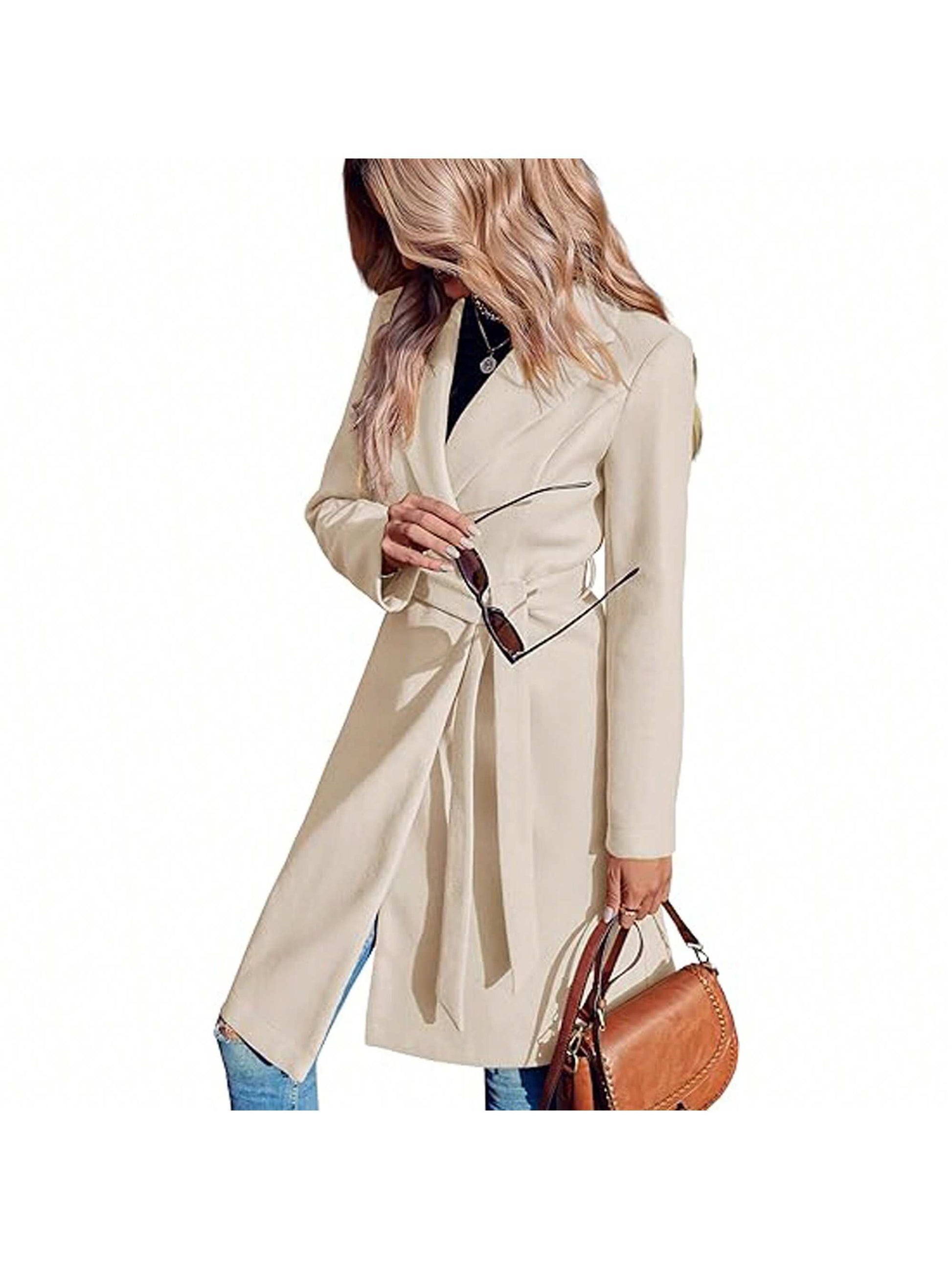 Piepiebuy Piepiebuy Women'S Double Button Belted Tweed Overcoat Basic Long Sleeve Notched Lapel Pea Trench Jacket Outwear Coats