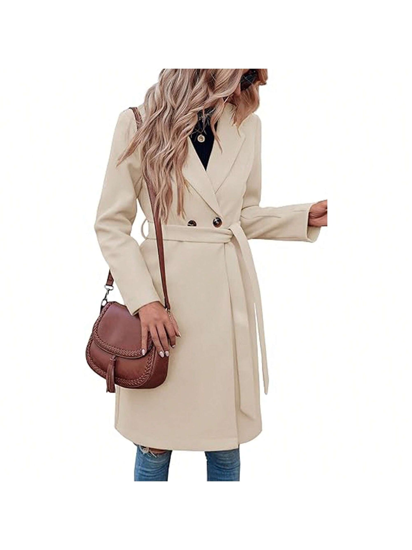 Piepiebuy Piepiebuy Women'S Double Button Belted Tweed Overcoat Basic Long Sleeve Notched Lapel Pea Trench Jacket Outwear Coats