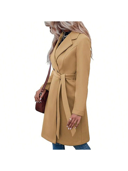 Piepiebuy Piepiebuy Women'S Double Button Belted Tweed Overcoat Basic Long Sleeve Notched Lapel Pea Trench Jacket Outwear Coats