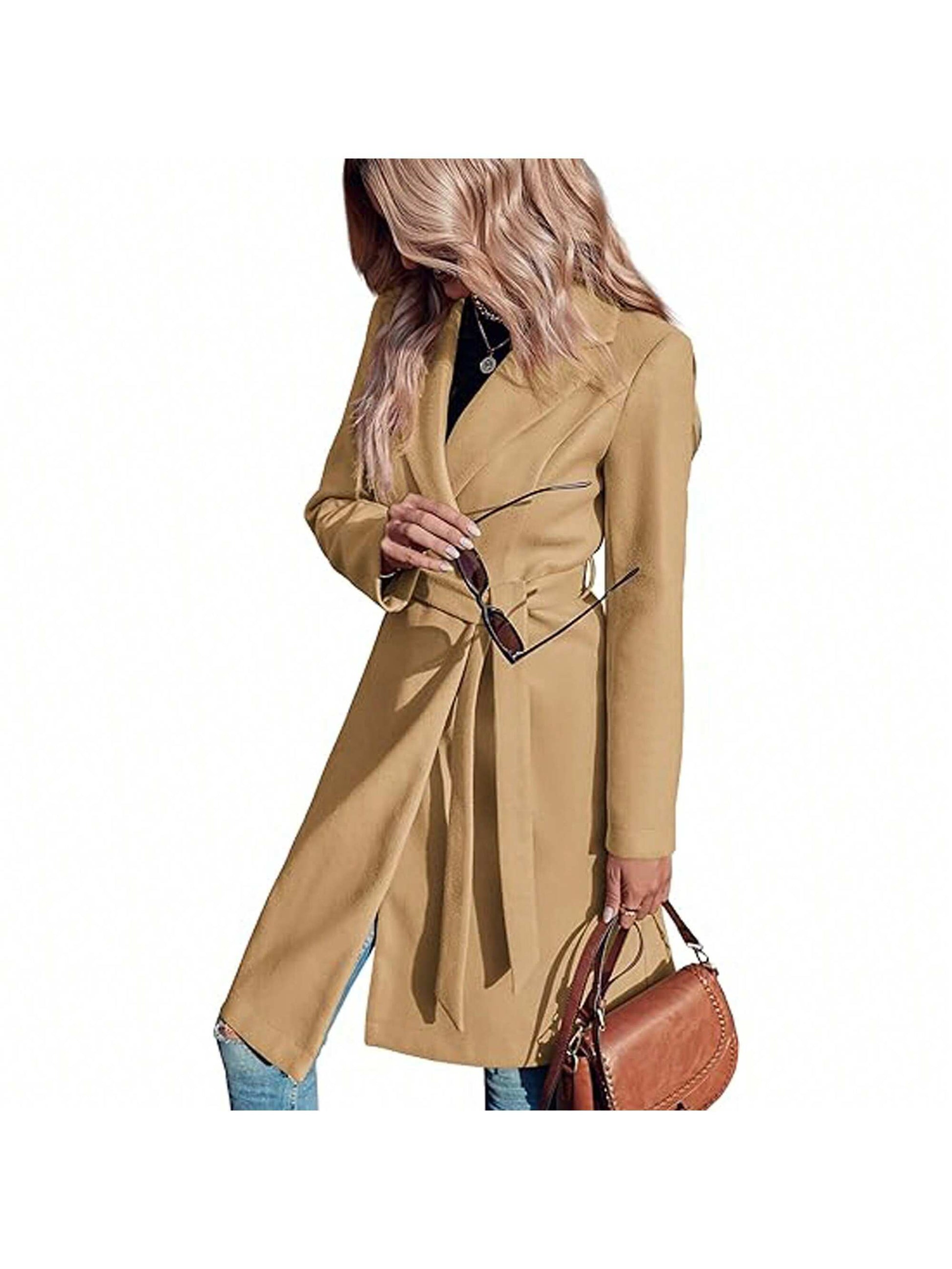 Piepiebuy Piepiebuy Women'S Double Button Belted Tweed Overcoat Basic Long Sleeve Notched Lapel Pea Trench Jacket Outwear Coats