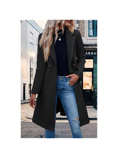 Piepiebuy Piepiebuy Women'S Double Button Belted Tweed Overcoat Basic Long Sleeve Notched Lapel Pea Trench Jacket Outwear Coats