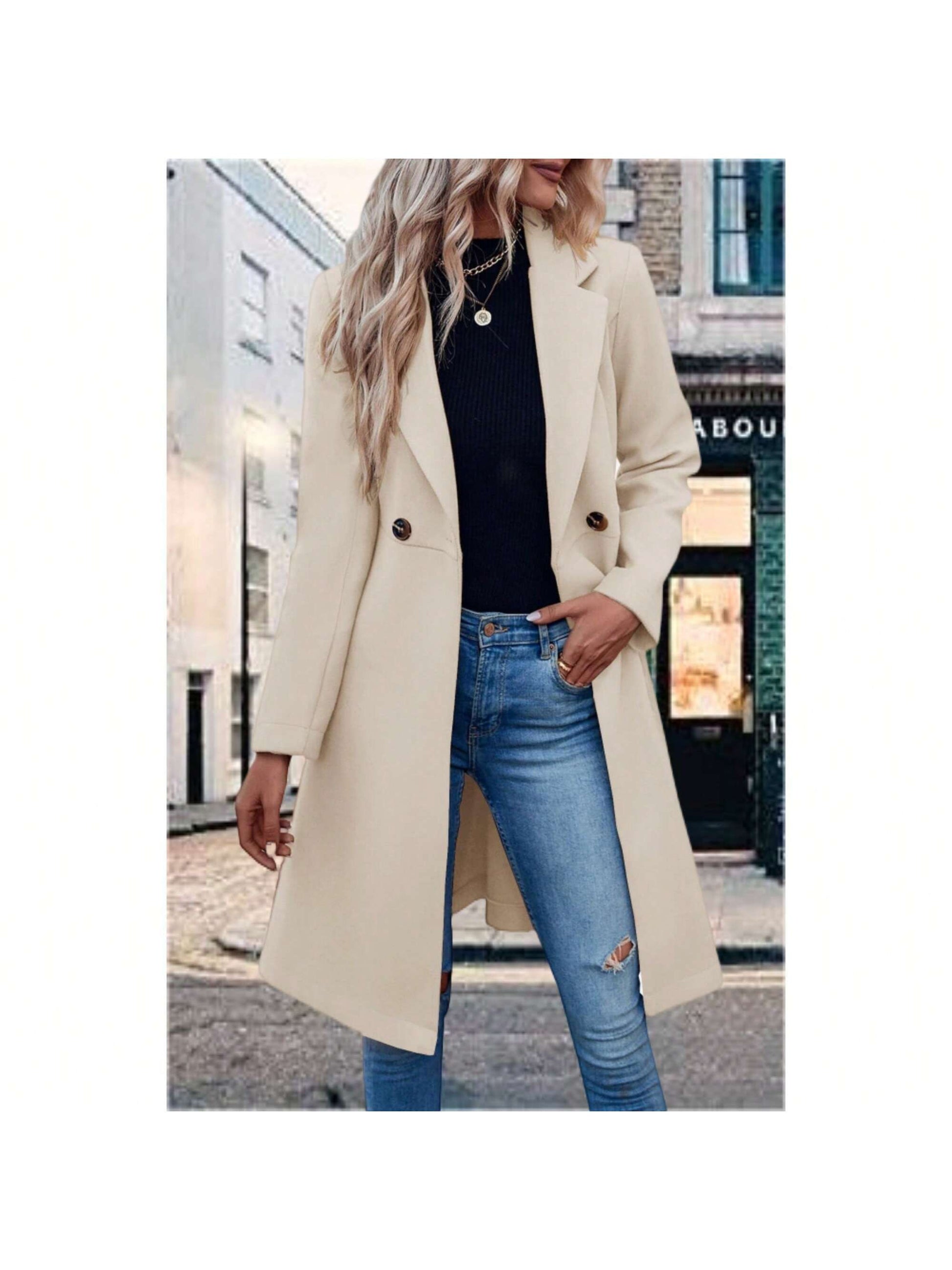 Piepiebuy Piepiebuy Women'S Double Button Belted Tweed Overcoat Basic Long Sleeve Notched Lapel Pea Trench Jacket Outwear Coats