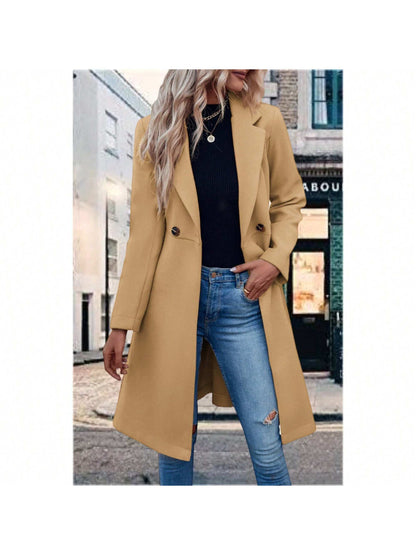 Piepiebuy Piepiebuy Women'S Double Button Belted Tweed Overcoat Basic Long Sleeve Notched Lapel Pea Trench Jacket Outwear Coats