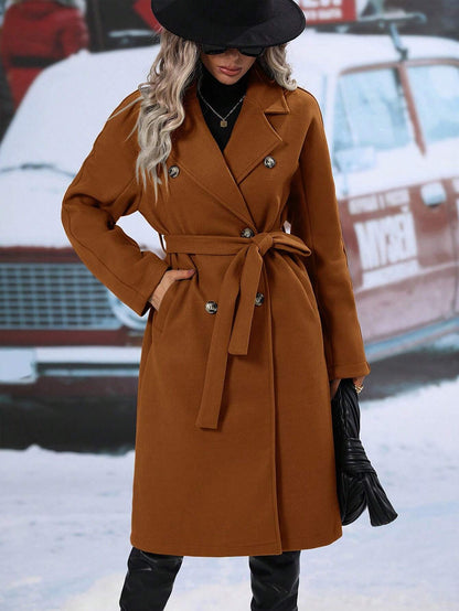 SHEIN RaffinéA Lapel Neck Double Breasted Belted Overcoat