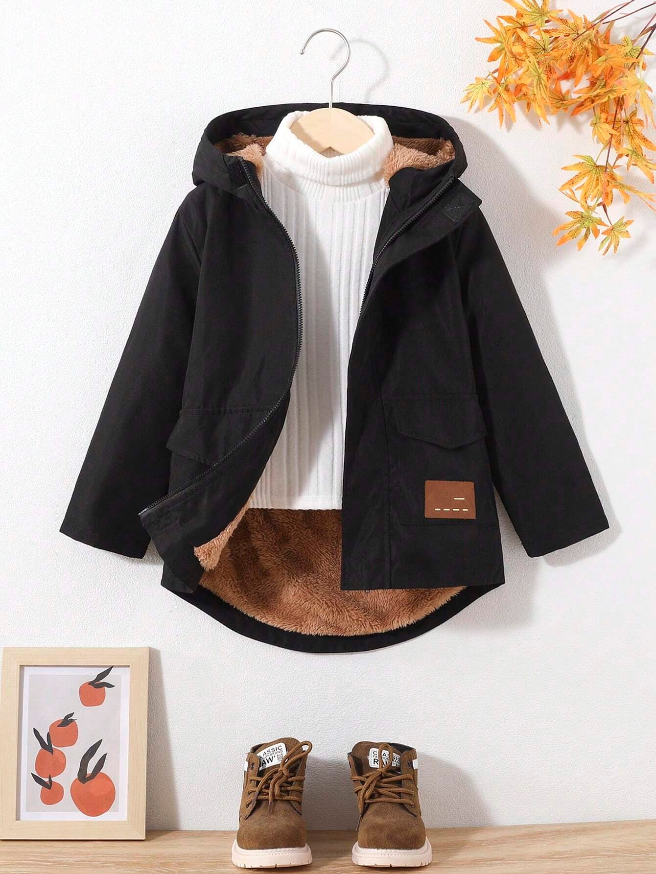 SHEIN Young Boy Casual Solid Color Teddy Bear Lined Hooded Jacket with Mix-Matched Letter Patchwork and Zipper Pocket Detail for Fall and Winter (Thick and Warm)