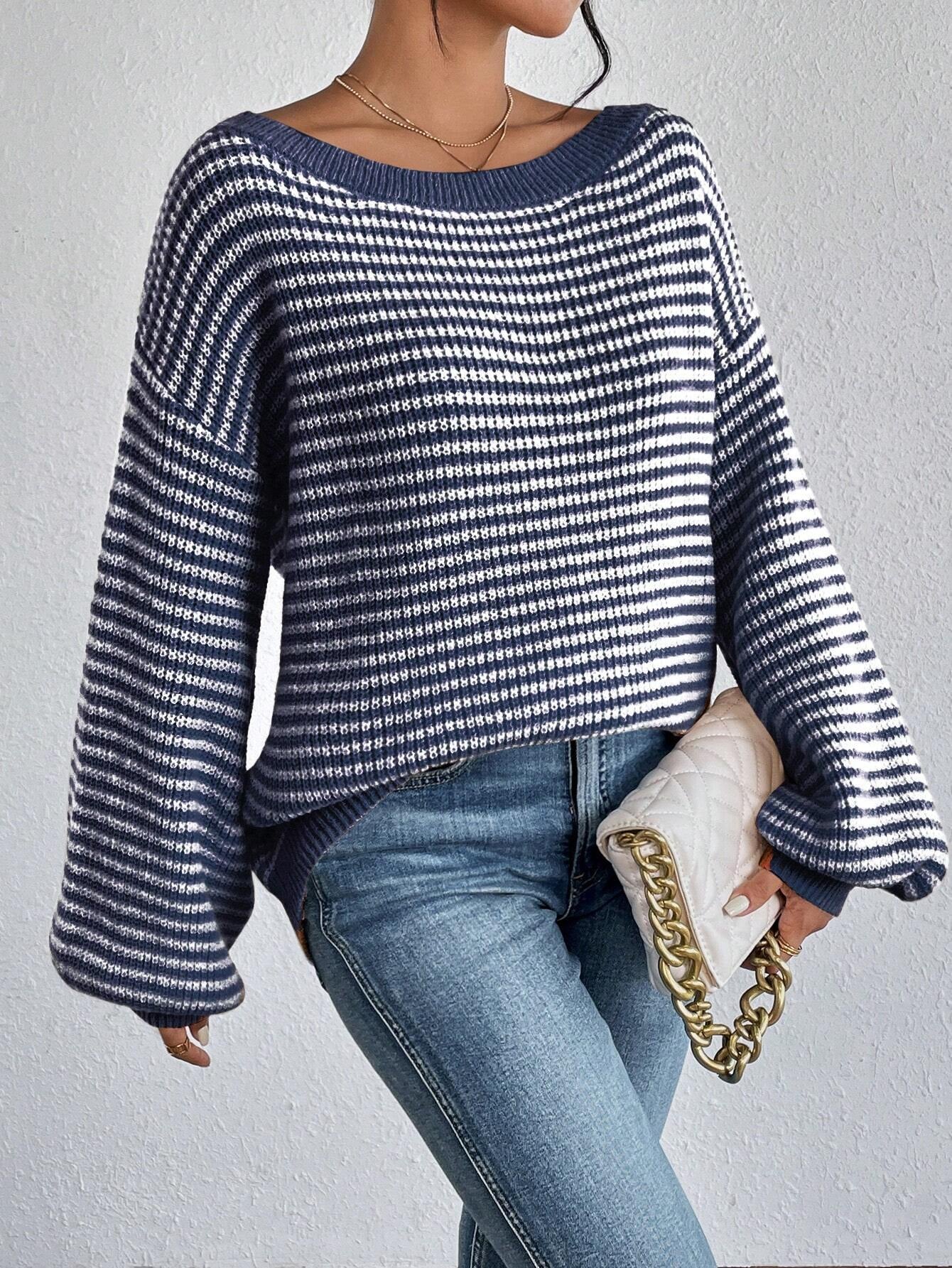 LUNE Women Striped Drop Shoulder Dropped Shoulder Casual Loose Knit Sweater for Autumn/Winter