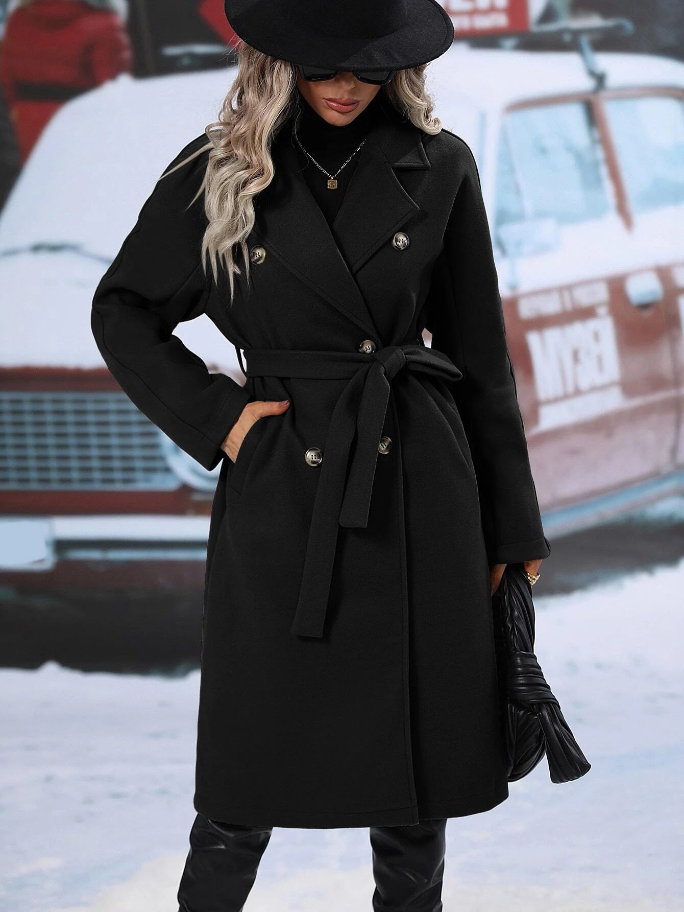 SHEIN RaffinéA Lapel Neck Double Breasted Belted Overcoat