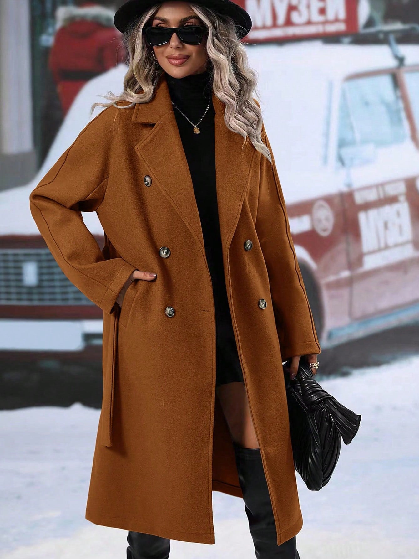 SHEIN RaffinéA Lapel Neck Double Breasted Belted Overcoat