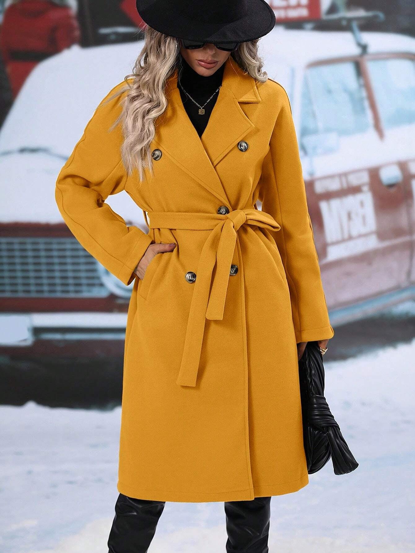 SHEIN RaffinéA Lapel Neck Double Breasted Belted Overcoat