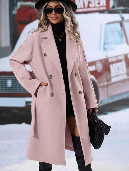 SHEIN RaffinéA Lapel Neck Double Breasted Belted Overcoat