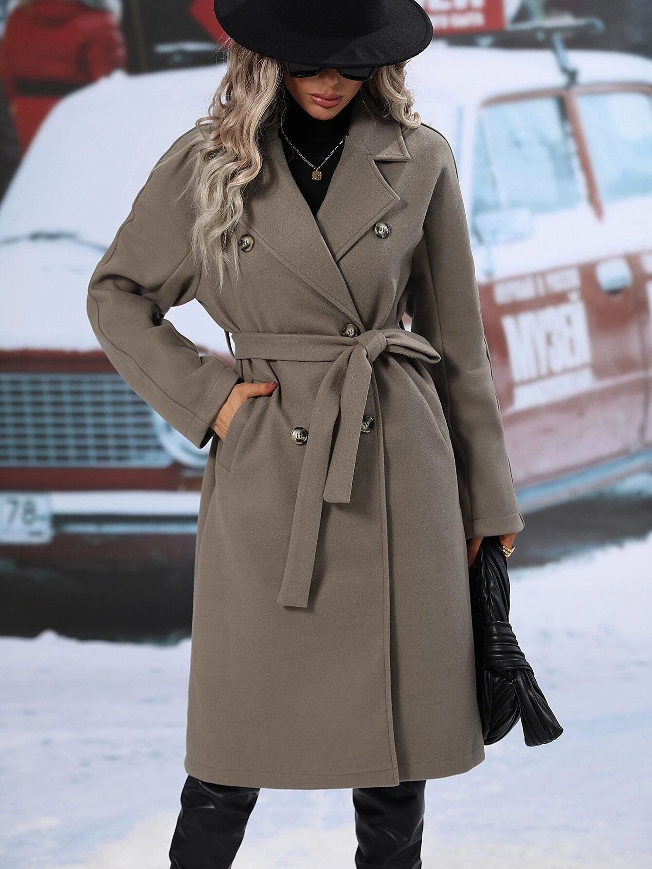 SHEIN RaffinéA Lapel Neck Double Breasted Belted Overcoat