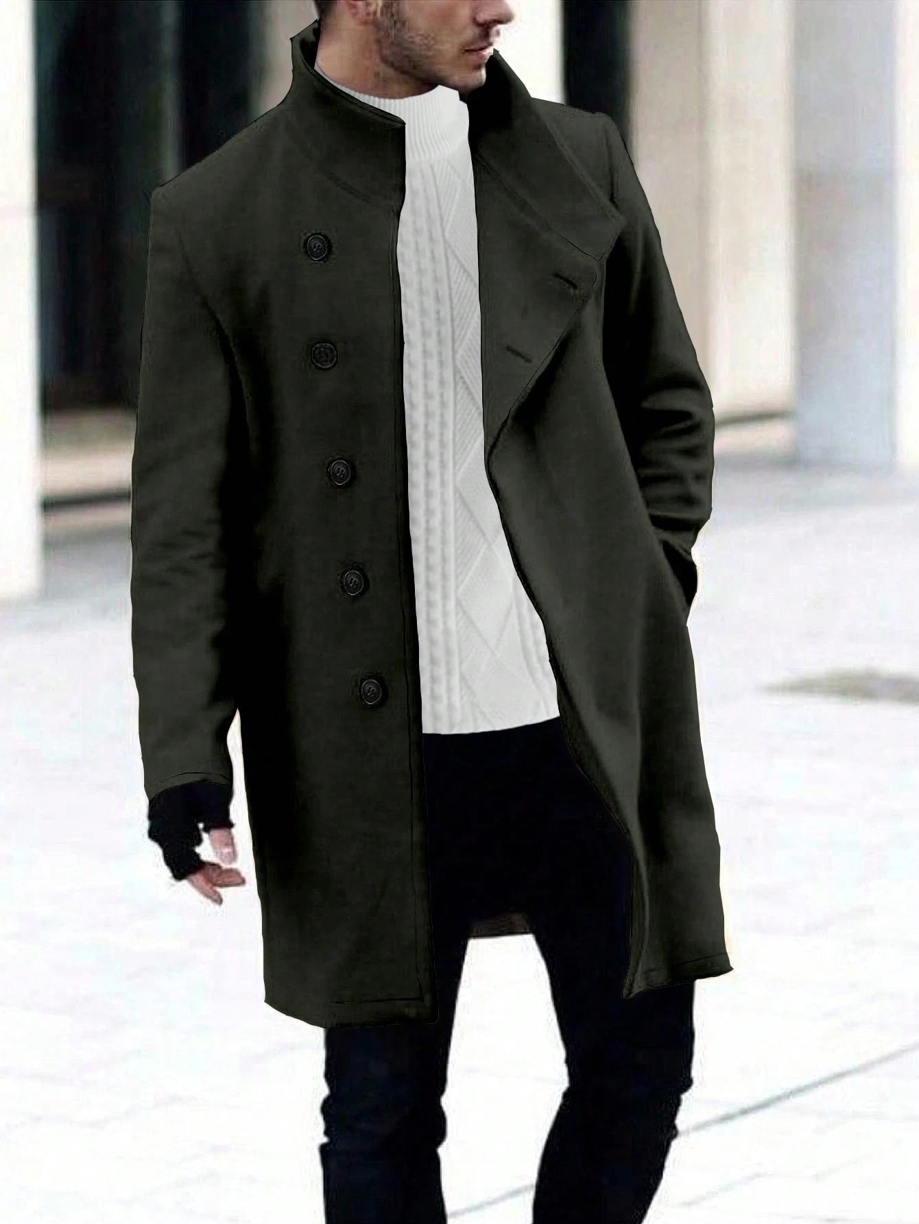 Manfinity Homme Men'S Single-Breasted Stand Collar Woolen Coat Plain Going Out Basic Overcoat