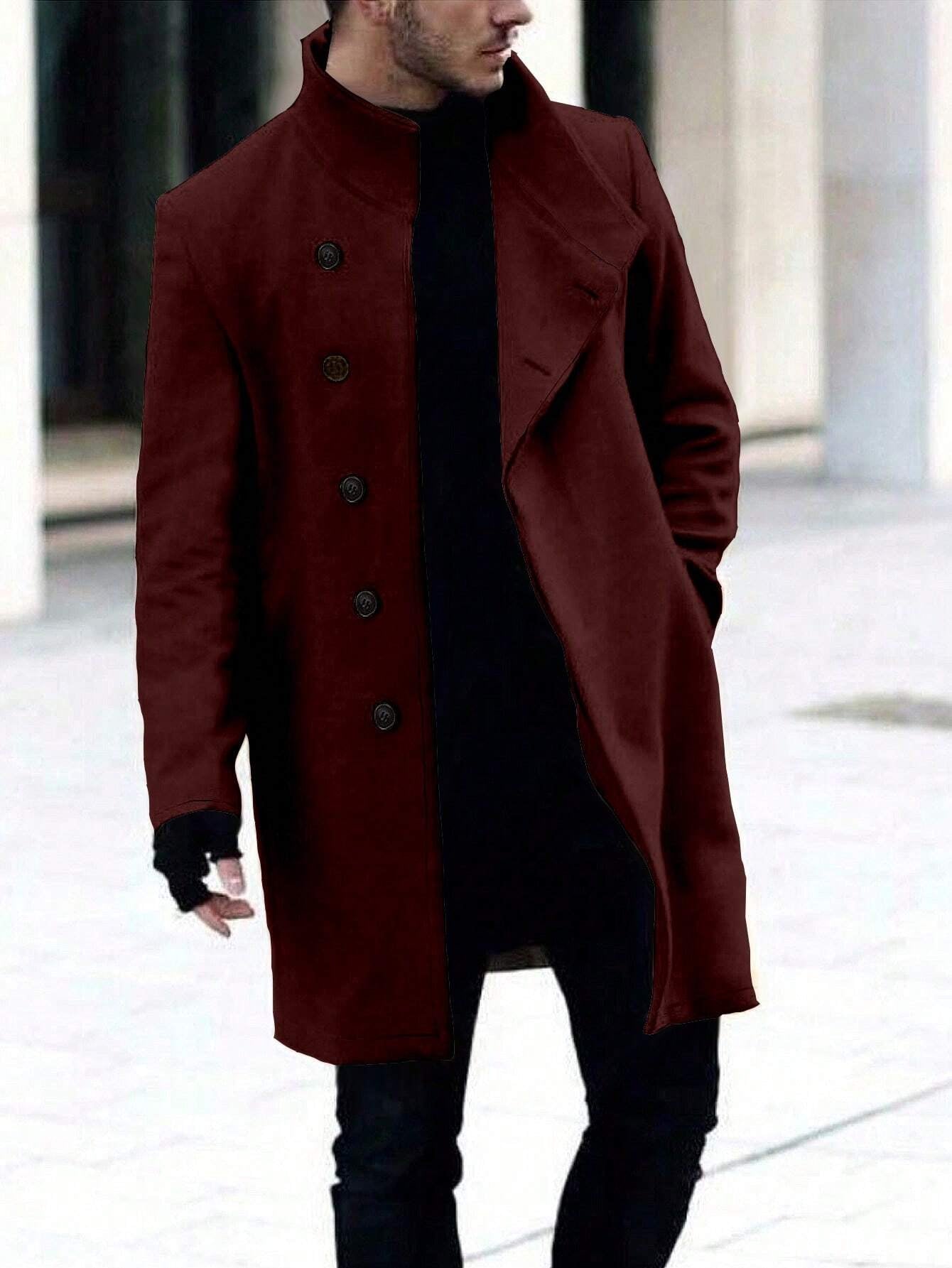 Manfinity Homme Men'S Single-Breasted Stand Collar Woolen Coat Plain Going Out Basic Overcoat