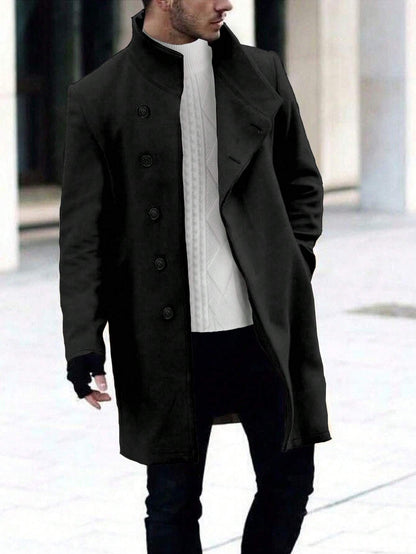 Manfinity Homme Men'S Single-Breasted Stand Collar Woolen Coat Plain Going Out Basic Overcoat