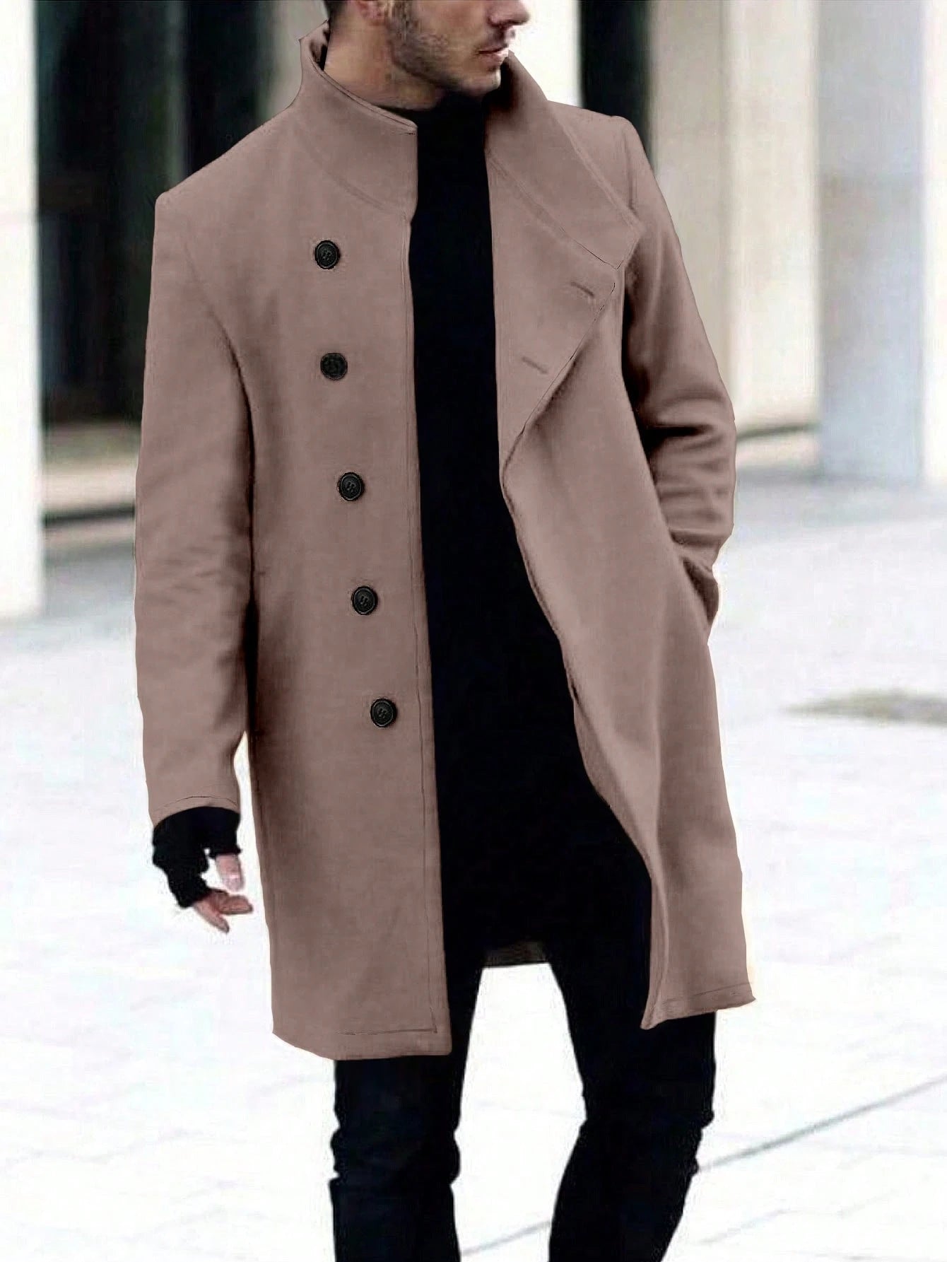 Manfinity Homme Men'S Single-Breasted Stand Collar Woolen Coat Plain Going Out Basic Overcoat