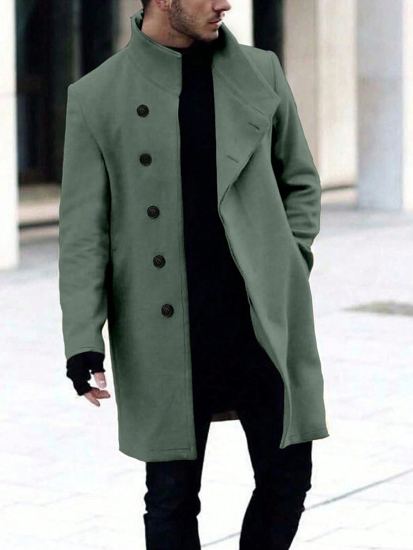 Manfinity Homme Men'S Single-Breasted Stand Collar Woolen Coat Plain Going Out Basic Overcoat