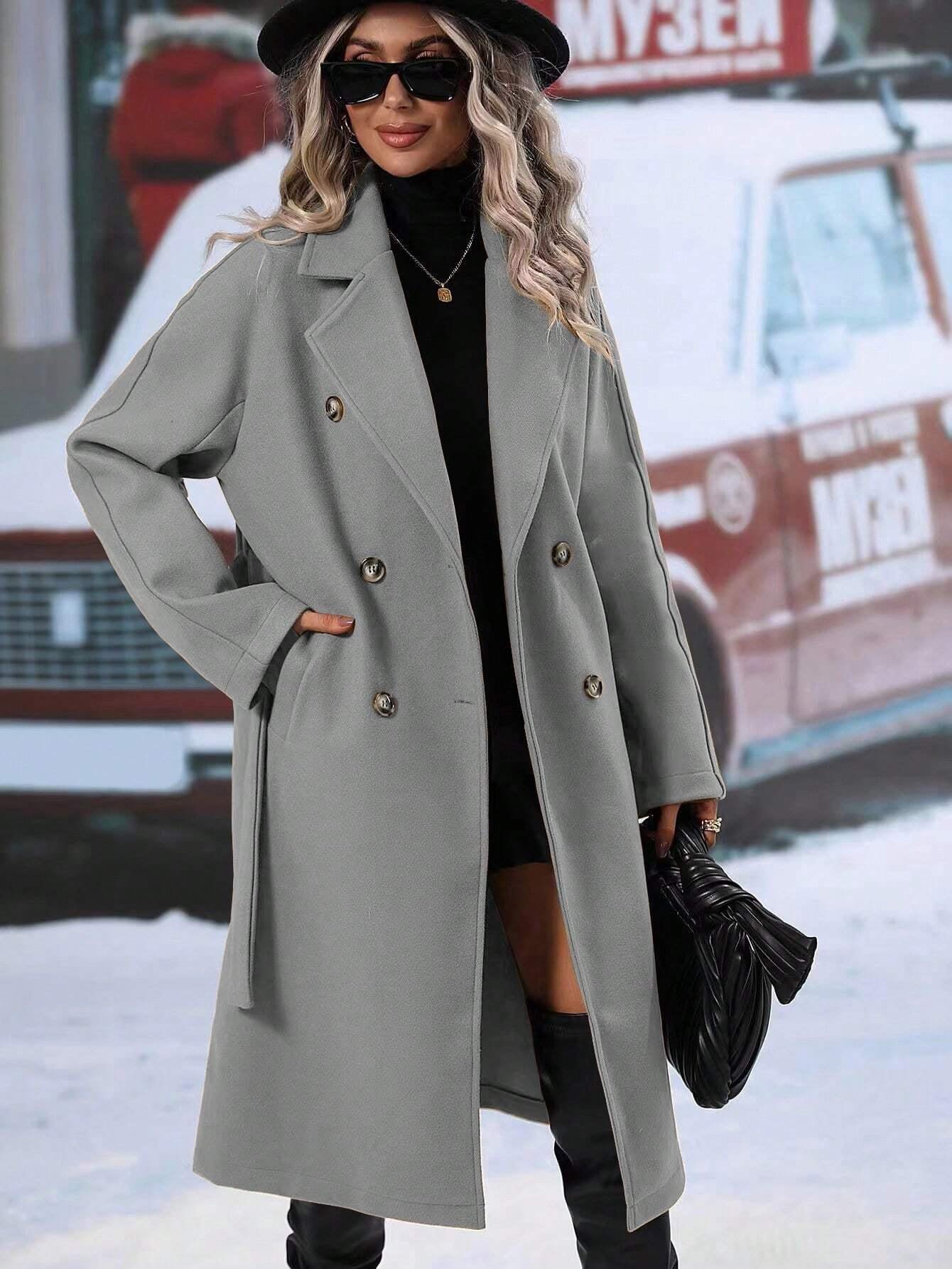 SHEIN RaffinéA Lapel Neck Double Breasted Belted Overcoat