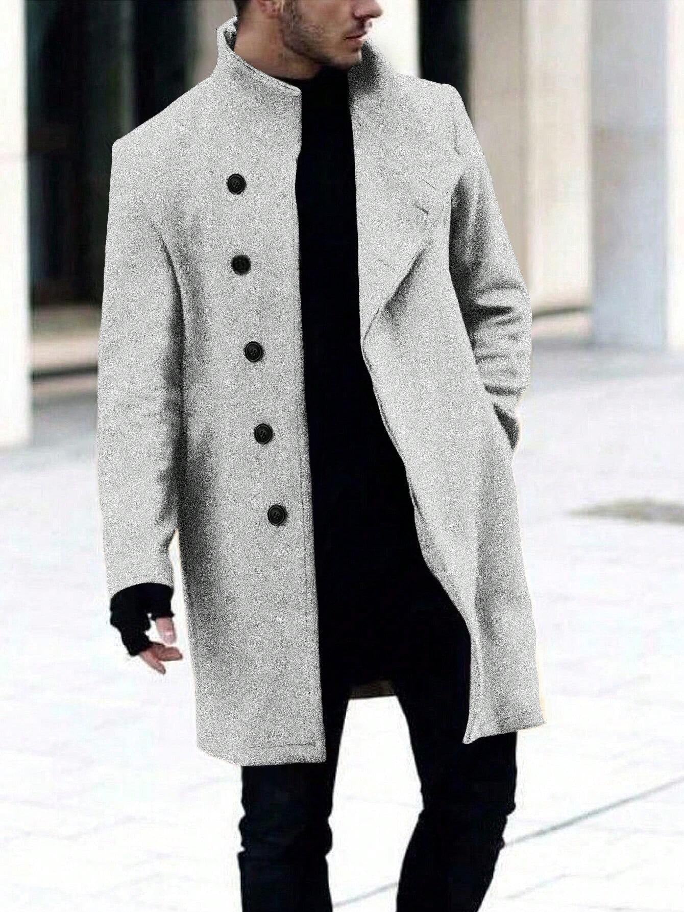 Manfinity Homme Men'S Single-Breasted Stand Collar Woolen Coat Plain Going Out Basic Overcoat