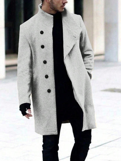 Manfinity Homme Men'S Single-Breasted Stand Collar Woolen Coat Plain Going Out Basic Overcoat