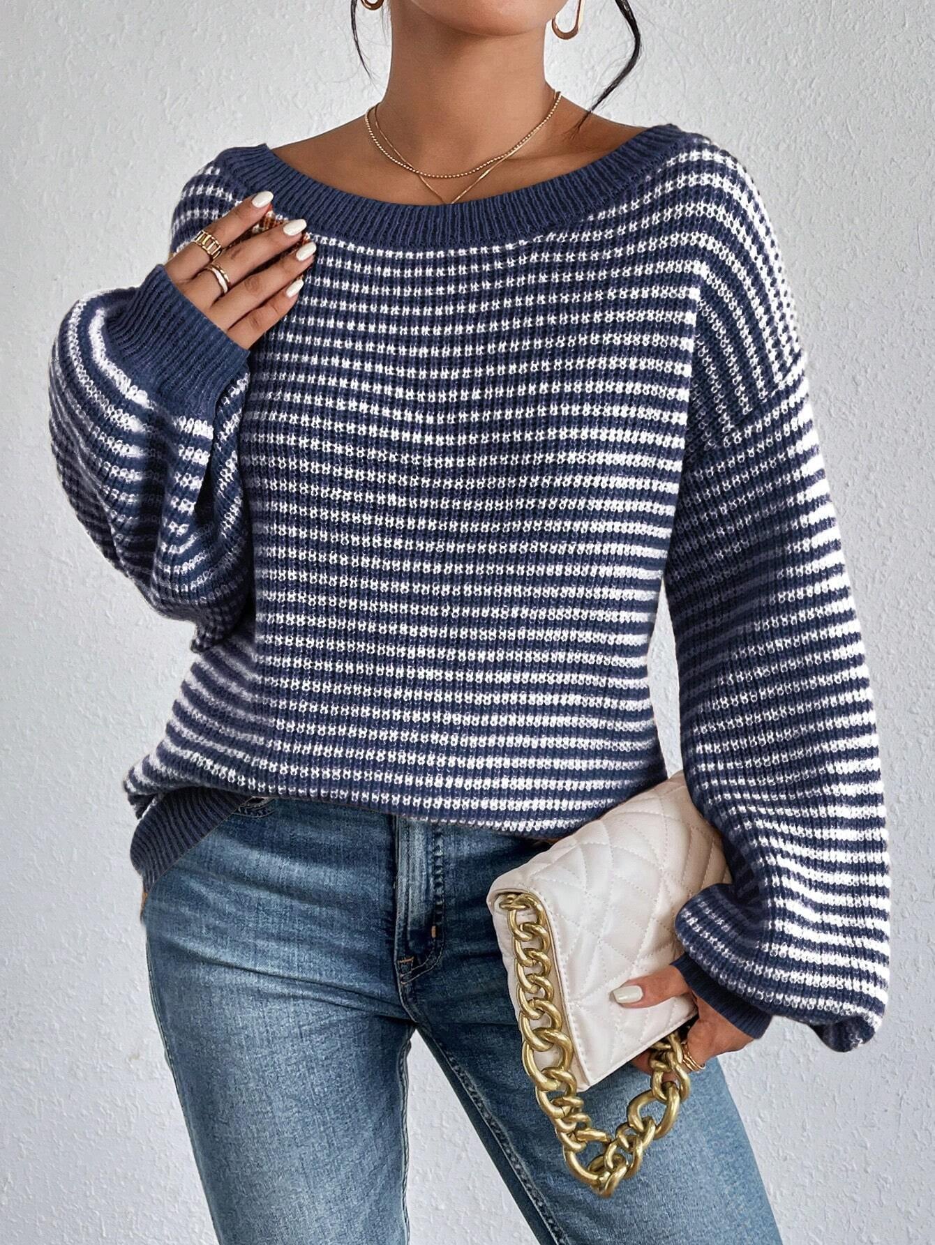 LUNE Women Striped Drop Shoulder Dropped Shoulder Casual Loose Knit Sweater for Autumn/Winter