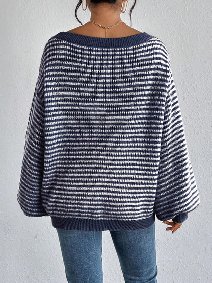 LUNE Women Striped Drop Shoulder Dropped Shoulder Casual Loose Knit Sweater for Autumn/Winter