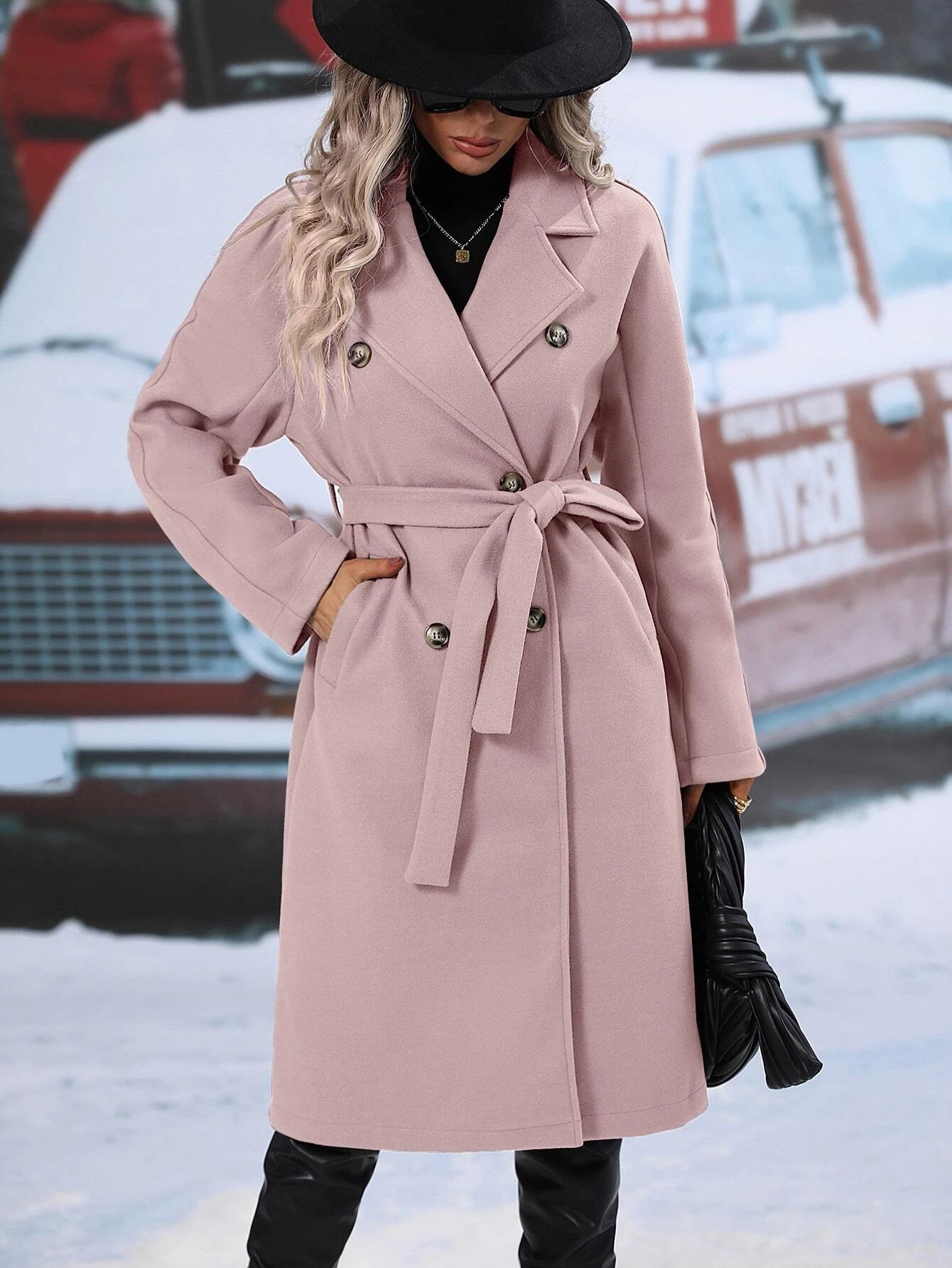 SHEIN RaffinéA Lapel Neck Double Breasted Belted Overcoat