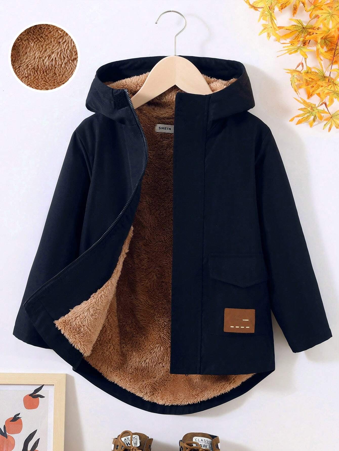 SHEIN Young Boy Casual Solid Color Teddy Bear Lined Hooded Jacket with Mix-Matched Letter Patchwork and Zipper Pocket Detail for Fall and Winter (Thick and Warm)