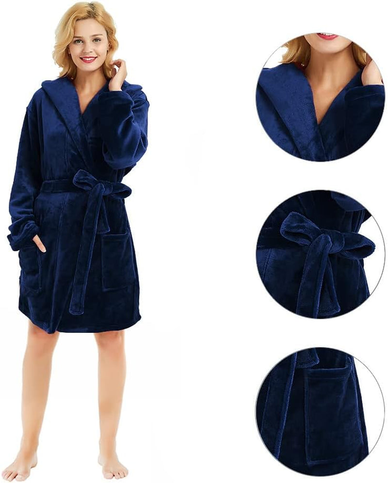 Women Hooded Fleece Robe, Short Plush Robes for Womens with Hood Soft Warm Spa Bathrobe