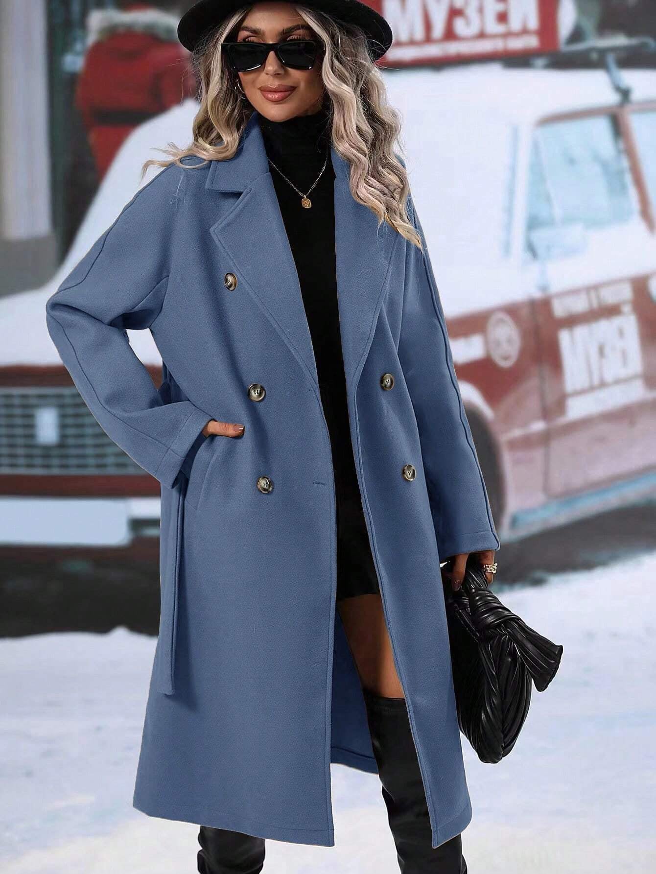 SHEIN RaffinéA Lapel Neck Double Breasted Belted Overcoat