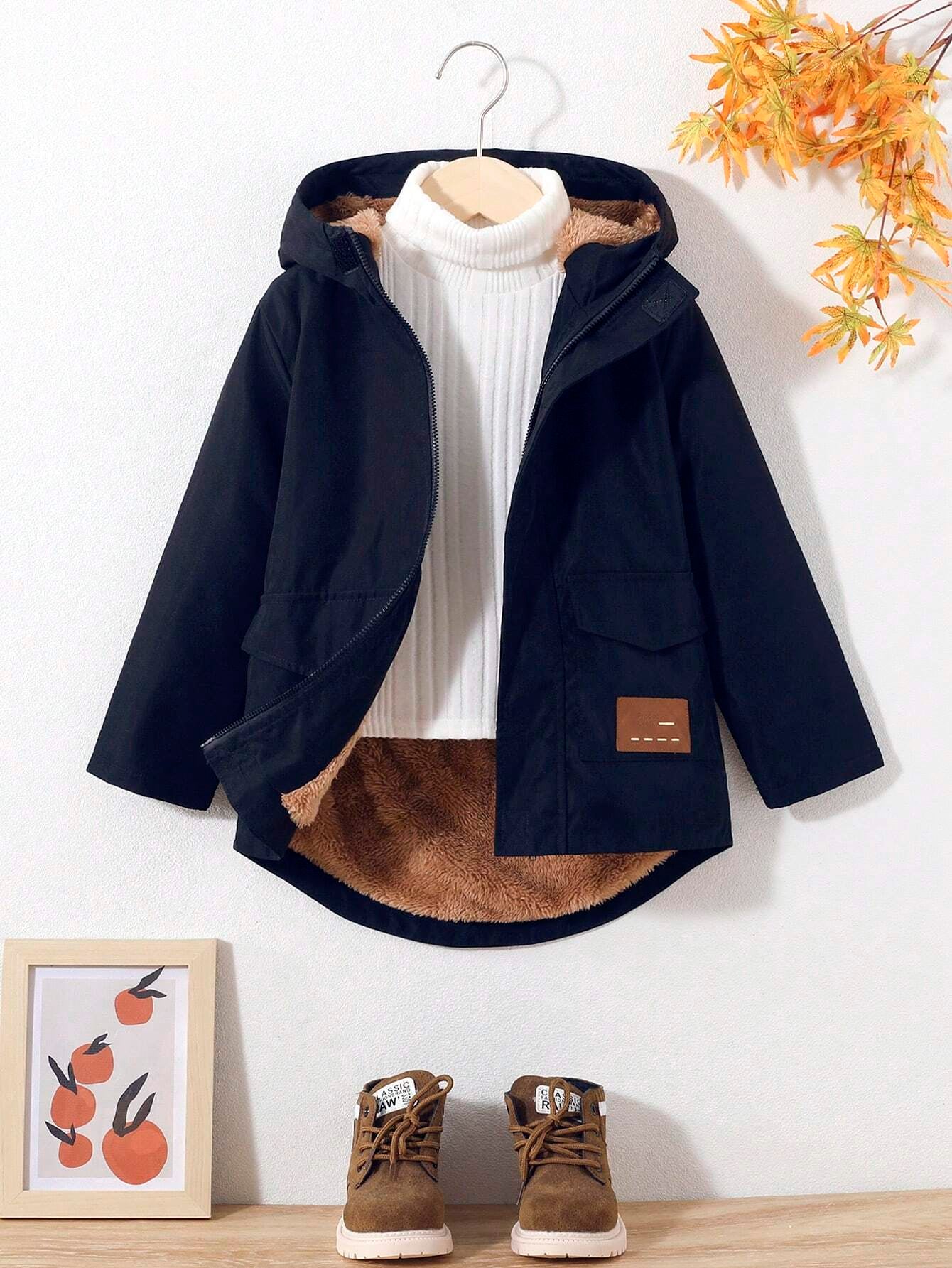 SHEIN Young Boy Casual Solid Color Teddy Bear Lined Hooded Jacket with Mix-Matched Letter Patchwork and Zipper Pocket Detail for Fall and Winter (Thick and Warm)