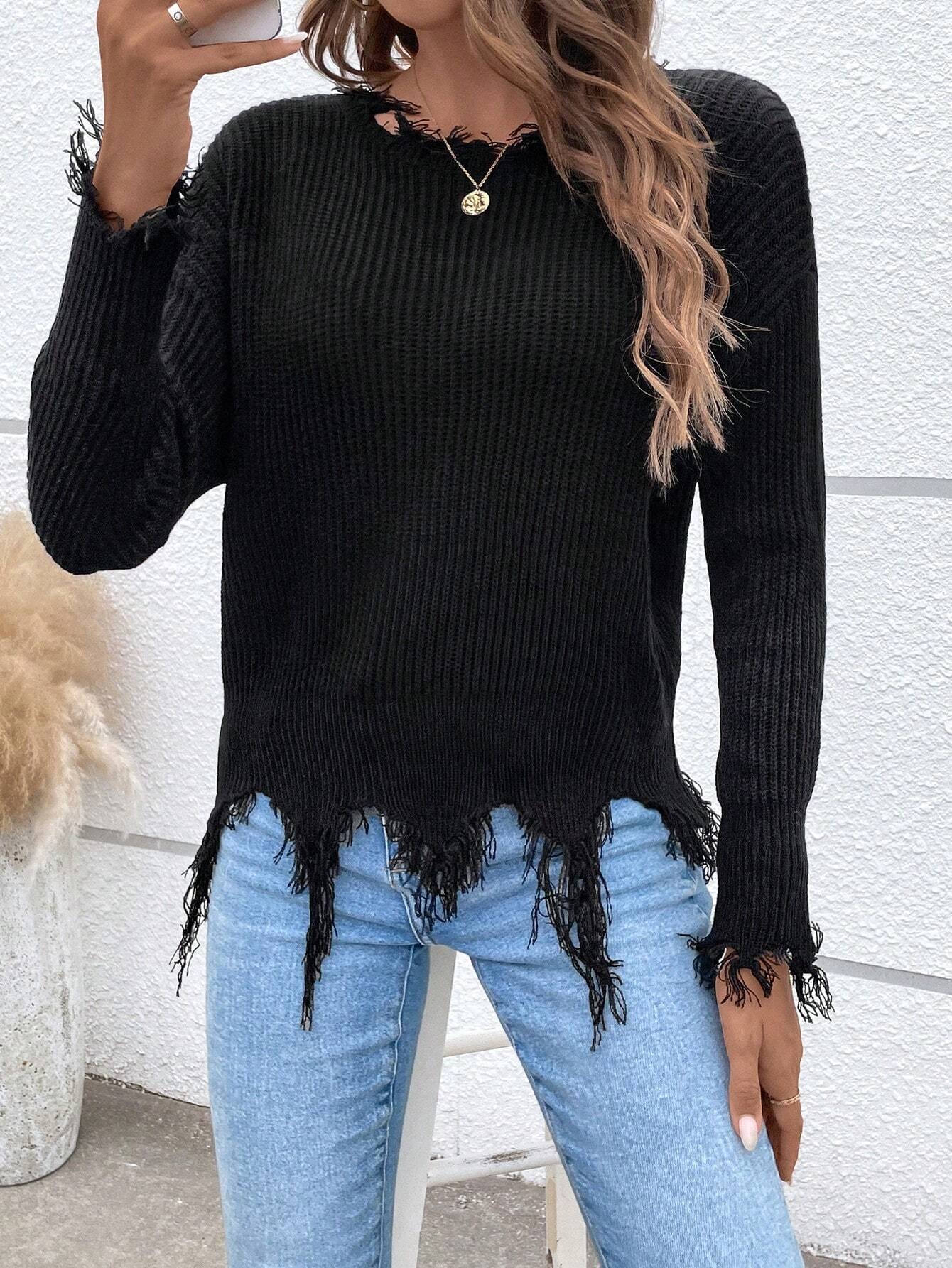 SHEIN Relaxiva Drop Shoulder Distressed Fringe Trim Sweater,Long Sleeve Tops