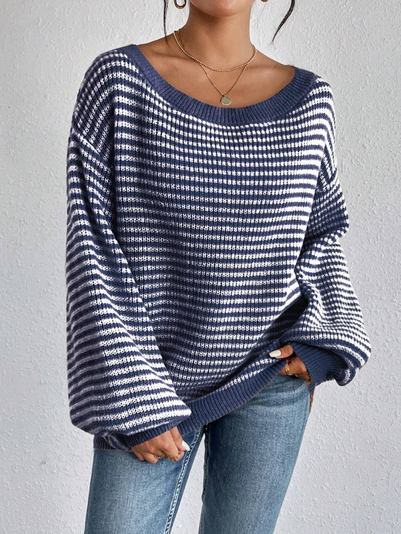 LUNE Women Striped Drop Shoulder Dropped Shoulder Casual Loose Knit Sweater for Autumn/Winter