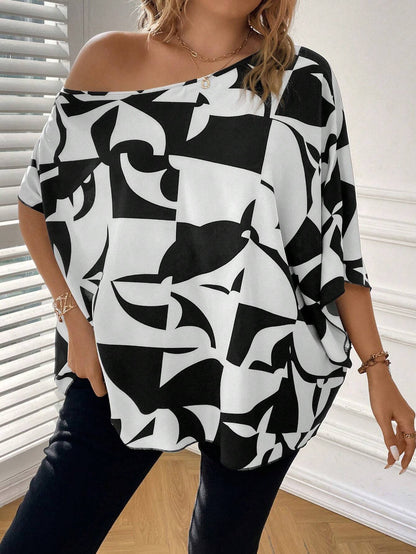 Clasi plus Size Women'S Summer Vacation Printed Simple Daily Shirt/Blouse with Face Print