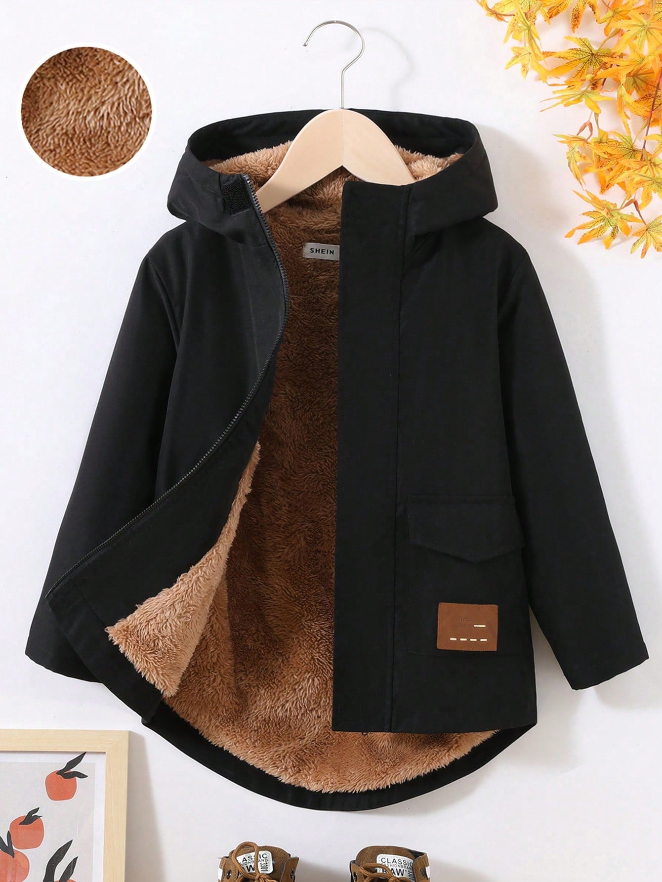 SHEIN Young Boy Casual Solid Color Teddy Bear Lined Hooded Jacket with Mix-Matched Letter Patchwork and Zipper Pocket Detail for Fall and Winter (Thick and Warm)